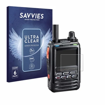 Parte frontal de un envase de producto con el logotipo de la marca Savvies. Al lado se muestra el dispositivo Yaesu FT-5DE/DR 