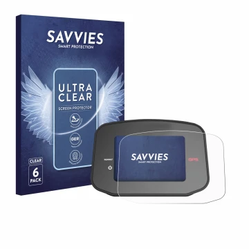 Parte frontal de un envase de producto con el logotipo de la marca Savvies. Al lado se muestra el dispositivo PowaKaddy CT8 GP