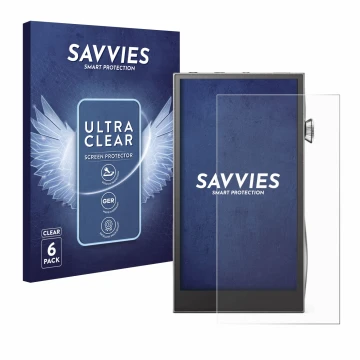 Parte frontal de un envase de producto con el logotipo de la marca Savvies. Al lado se muestra el dispositivo Astell&Kern A&fu