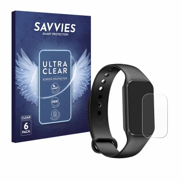 Parte frontal de un envase de producto con el logotipo de la marca Savvies. Al lado se muestra el dispositivo Blackview BV-R1 