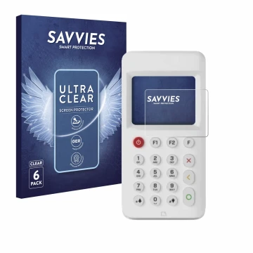 Parte frontal de un envase de producto con el logotipo de la marca Savvies. Al lado se muestra el dispositivo myPOS Go 2 con s