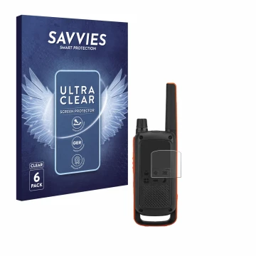 Parte frontal de un envase de producto con el logotipo de la marca Savvies. Al lado se muestra el dispositivo Motorola Talkabo