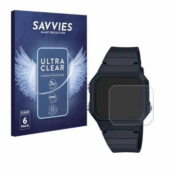 Parte frontal de un envase de producto con el logotipo de la marca Savvies. Al lado se muestra el dispositivo Casio W-217H-1AV