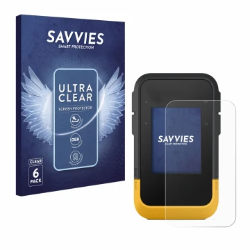 Parte frontal de un envase de producto con el logotipo de la marca Savvies. Al lado se muestra el dispositivo Garmin eTrex SE 