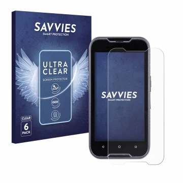 Parte frontal de un envase de producto con el logotipo de la marca Savvies. Al lado se muestra el dispositivo Datalogic Memor 