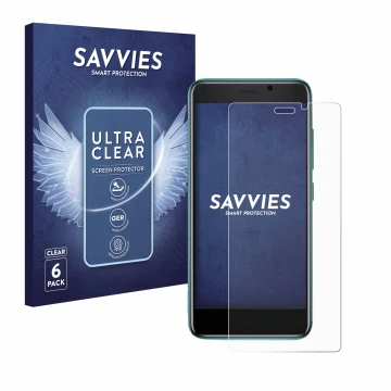 Parte frontal de un envase de producto con el logotipo de la marca Savvies. Al lado se muestra el dispositivo Cubot J 20 con s