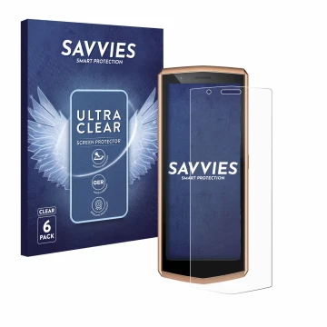 Parte frontal de un envase de producto con el logotipo de la marca Savvies. Al lado se muestra el dispositivo Cubot Pocket 3 c