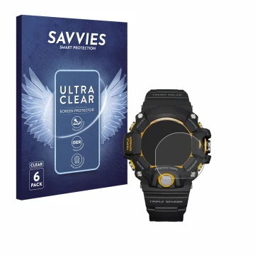 Parte frontal de un envase de producto con el logotipo de la marca Savvies. Al lado se muestra el dispositivo Casio G-Shock GW