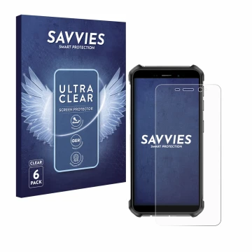 Parte frontal de un envase de producto con el logotipo de la marca Savvies. Al lado se muestra el dispositivo Ulefone Armor X1