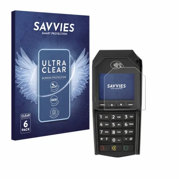 Parte frontal de un envase de producto con el logotipo de la marca Savvies. Al lado se muestra el dispositivo ingenico Lane/30