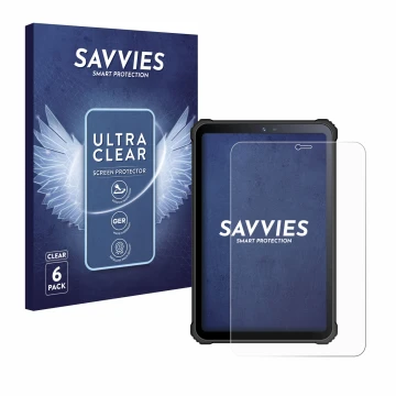 Parte frontal de un envase de producto con el logotipo de la marca Savvies. Al lado se muestra el dispositivo Oukitel RT3 con 