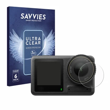 Parte frontal de un envase de producto con el logotipo de la marca Savvies. Al lado se muestra el dispositivo DJI Osmo Action 