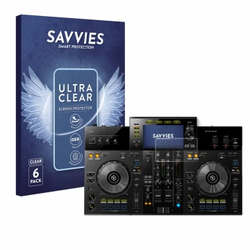Parte frontal de un envase de producto con el logotipo de la marca Savvies. Al lado se muestra el dispositivo Pioneer XDJ -RR 