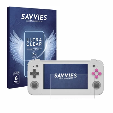 Parte frontal de un envase de producto con el logotipo de la marca Savvies. Al lado se muestra el dispositivo Anbernic RG505 c