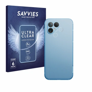 Parte frontal de un envase de producto con el logotipo de la marca Savvies. Al lado se muestra el dispositivo Fairphone 5 (SÓL