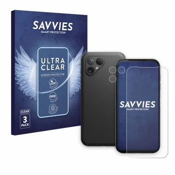 Parte frontal de un envase de producto con el logotipo de la marca Savvies. Al lado se muestra el dispositivo Fairphone 5 (Fro