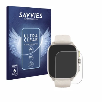 Parte frontal de un envase de producto con el logotipo de la marca Savvies. Al lado se muestra el dispositivo Huami Amazfit Ch