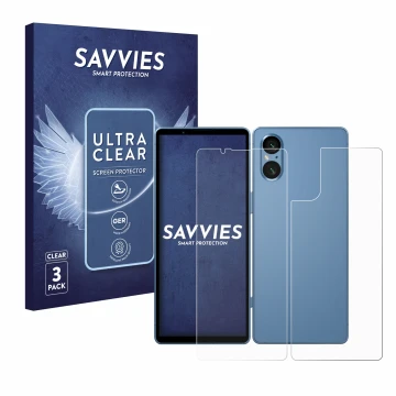Parte frontal de un envase de producto con el logotipo de la marca Savvies. Al lado se muestra el dispositivo Sony Xperia 5 V 