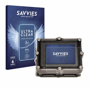 Parte frontal de un envase de producto con el logotipo de la marca Savvies. Al lado se muestra el dispositivo Shearwater Petre