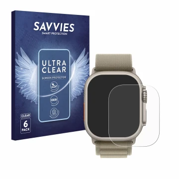 Parte frontal de un envase de producto con el logotipo de la marca Savvies. Al lado se muestra el dispositivo Apple Watch Ultr
