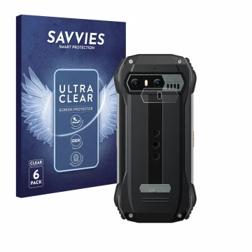 Parte frontal de un envase de producto con el logotipo de la marca Savvies. Al lado se muestra el dispositivo Blackview N6000 