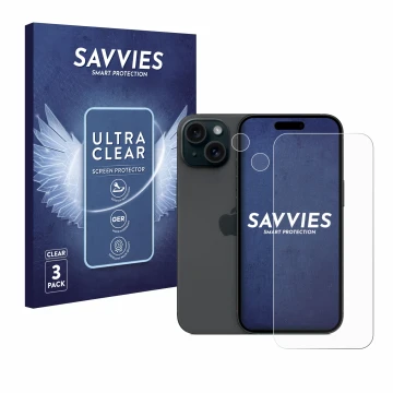 Parte frontal de un envase de producto con el logotipo de la marca Savvies. Al lado se muestra el dispositivo Apple iPhone 15 