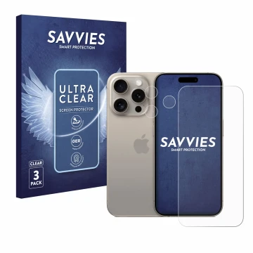 Parte frontal de un envase de producto con el logotipo de la marca Savvies. Al lado se muestra el dispositivo Apple iPhone 15 
