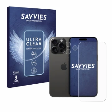 Parte frontal de un envase de producto con el logotipo de la marca Savvies. Al lado se muestra el dispositivo Apple iPhone 15 