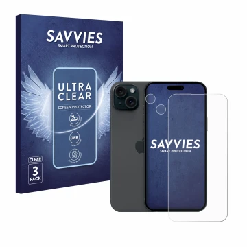 Parte frontal de un envase de producto con el logotipo de la marca Savvies. Al lado se muestra el dispositivo Apple iPhone 15 