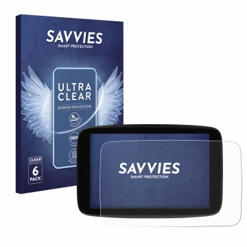 Parte frontal de un envase de producto con el logotipo de la marca Savvies. Al lado se muestra el dispositivo TomTom GO Superi