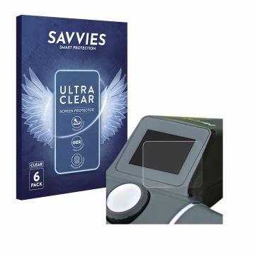 Parte frontal de un envase de producto con el logotipo de la marca Savvies. Al lado se muestra el dispositivo Motocaddy M7 Rem