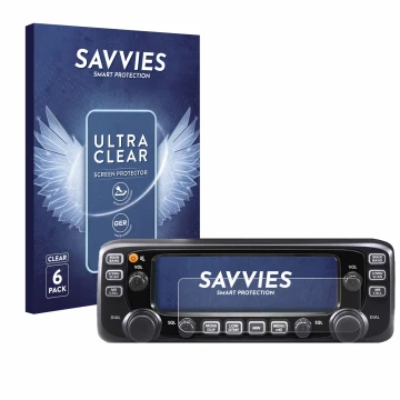 Parte frontal de un envase de producto con el logotipo de la marca Savvies. Al lado se muestra el dispositivo Icom IC-2730E co