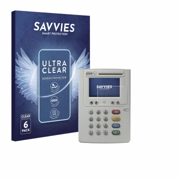 Parte frontal de un envase de producto con el logotipo de la marca Savvies. Al lado se muestra el dispositivo ingenico eHealth