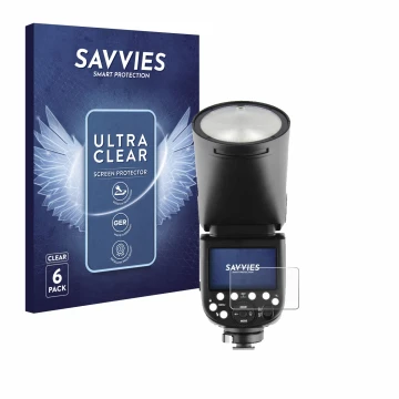 Parte frontal de un envase de producto con el logotipo de la marca Savvies. Al lado se muestra el dispositivo Godox V1 con su 