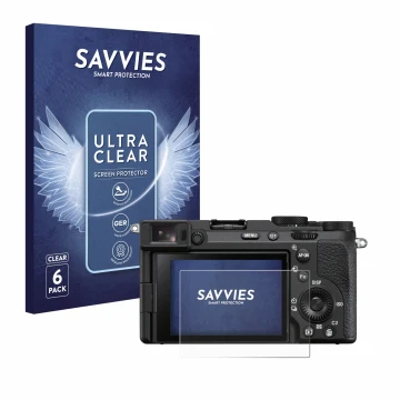 Parte frontal de un envase de producto con el logotipo de la marca Savvies. Al lado se muestra el dispositivo Sony Alpha 7CR c