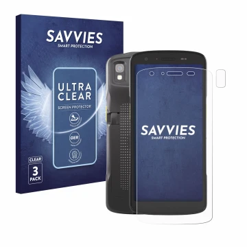 Parte frontal de un envase de producto con el logotipo de la marca Savvies. Al lado se muestra el dispositivo Zebra TC27 (Fron