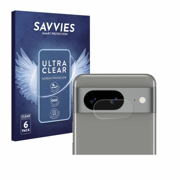 Parte frontal de un envase de producto con el logotipo de la marca Savvies. Al lado se muestra el dispositivo Google Pixel 8 (