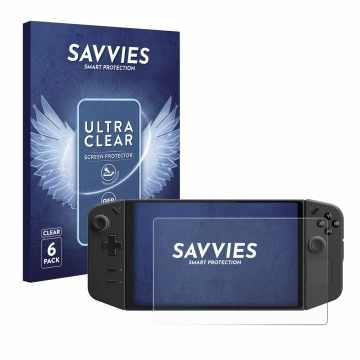 Parte frontal de un envase de producto con el logotipo de la marca Savvies. Al lado se muestra el dispositivo Lenovo Legion Go