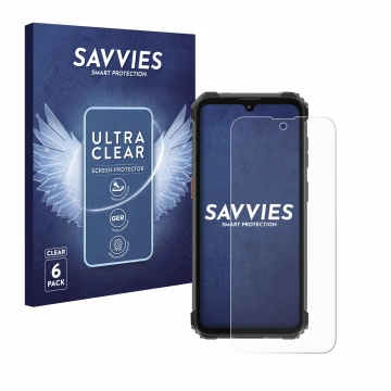 Parte frontal de un envase de producto con el logotipo de la marca Savvies. Al lado se muestra el dispositivo Blackview BV5300