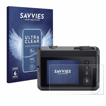 Parte frontal de un envase de producto con el logotipo de la marca Savvies. Al lado se muestra el dispositivo Leica SOFORT 2 c