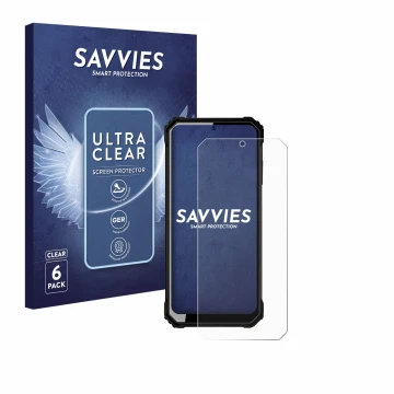 Parte frontal de un envase de producto con el logotipo de la marca Savvies. Al lado se muestra el dispositivo Oukitel WP23 con