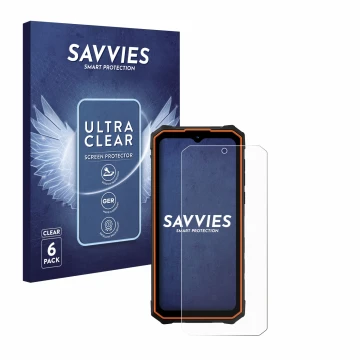 Parte frontal de un envase de producto con el logotipo de la marca Savvies. Al lado se muestra el dispositivo Hotwav Cyber 13 