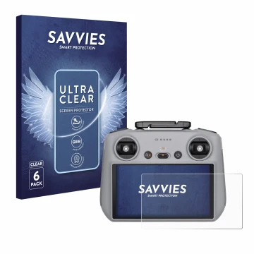 Parte frontal de un envase de producto con el logotipo de la marca Savvies. Al lado se muestra el dispositivo DJI RC 2 con su 