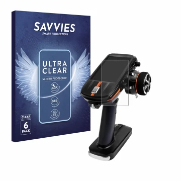 Parte frontal de un envase de producto con el logotipo de la marca Savvies. Al lado se muestra el dispositivo RadioLink RC8X c
