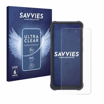 Parte frontal de un envase de producto con el logotipo de la marca Savvies. Al lado se muestra el dispositivo Cubot King Kong 