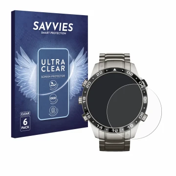 Parte frontal de un envase de producto con el logotipo de la marca Savvies. Al lado se muestra el dispositivo Garmin Marq Avia