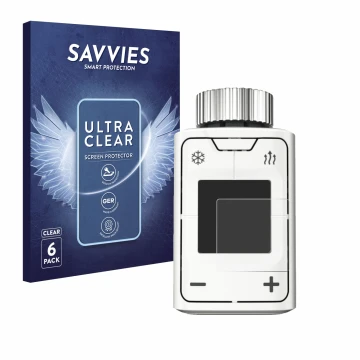 Parte frontal de un envase de producto con el logotipo de la marca Savvies. Al lado se muestra el dispositivo AVM FRITZ!DECT 3