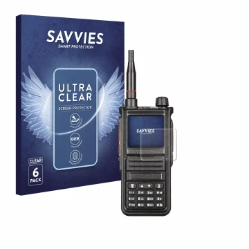 Parte frontal de un envase de producto con el logotipo de la marca Savvies. Al lado se muestra el dispositivo Radtel RT-470X c