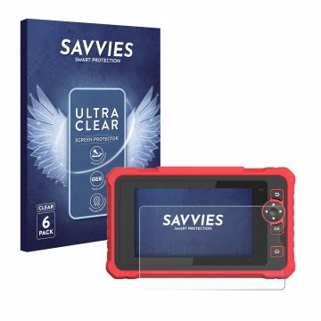 Parte frontal de un envase de producto con el logotipo de la marca Savvies. Al lado se muestra el dispositivo Launch CRP 359 c
