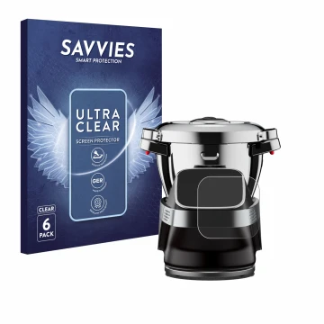 Parte frontal de un envase de producto con el logotipo de la marca Savvies. Al lado se muestra el dispositivo WMF Avantgarde c